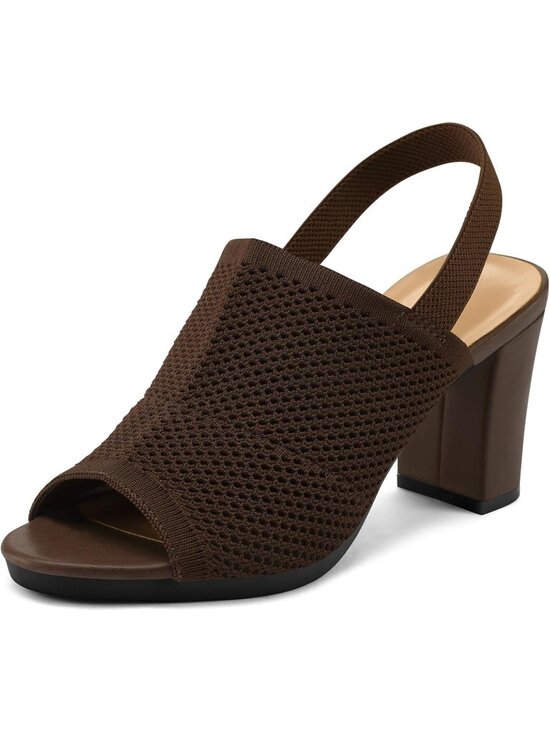 Shoes - Women's Brown 3 Inch Knit Chunky Block High Heels Elastic Slingback Open Toe
